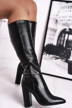 Kozaki Damskie Na Słupku Ocieplane Czarne Belvim