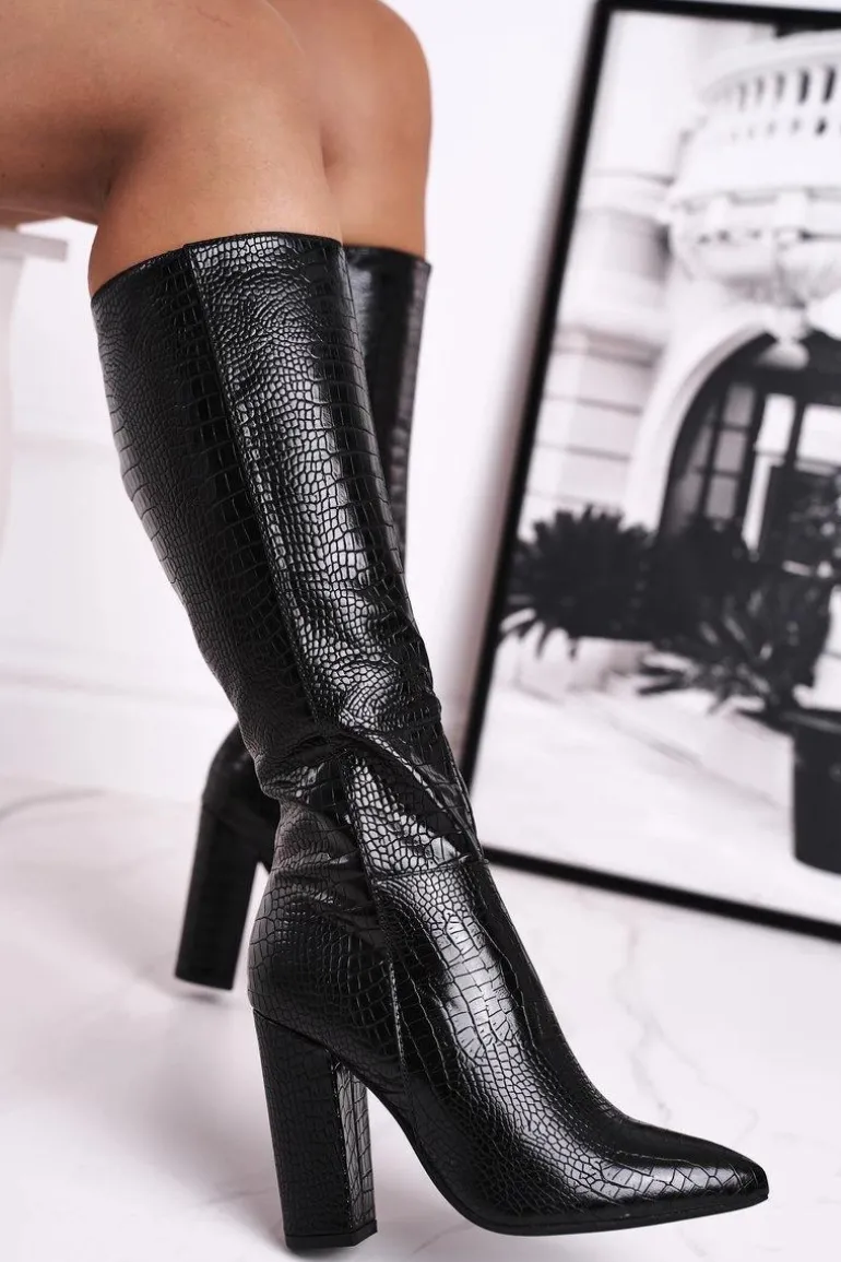 Kozaki Damskie Na Słupku Ocieplane Czarne Belvim