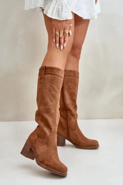 Kozaki Damskie Na Słupku Przed Kolano Camel Erisorae