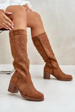 Kozaki Damskie Na Słupku Przed Kolano Camel Erisorae