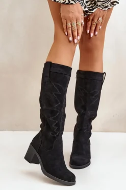 Kozaki Damskie Na Słupku Przed Kolano Czarne Erisorae