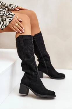 Kozaki Damskie Na Słupku Przed Kolano Czarne Erisorae