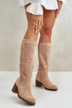 Kozaki Damskie Na Słupku Przed Kolano Beżowe Erisorae