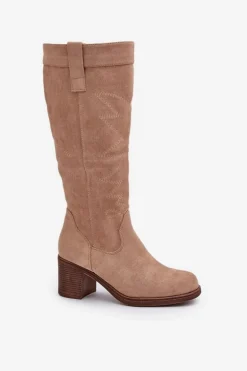 Kozaki Damskie Na Słupku Przed Kolano Beżowe Erisorae