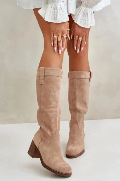 Kozaki Damskie Na Słupku Przed Kolano Beżowe Erisorae