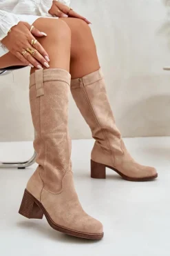 Kozaki Damskie Na Słupku Przed Kolano Beżowe Erisorae
