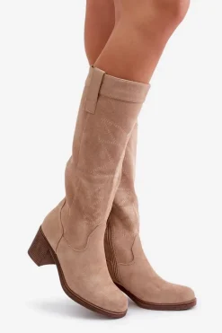 Kozaki Damskie Na Słupku Przed Kolano Beżowe Erisorae