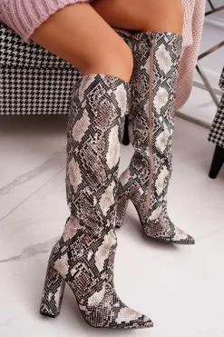 Kozaki Damskie Na Słupku Skóra Węża Beżowe Brouny