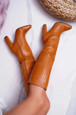 Kozaki Damskie Na Słupku Skóra Węża Camel Aduan