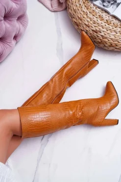 Kozaki Damskie Na Słupku Skóra Węża Camel Aduan