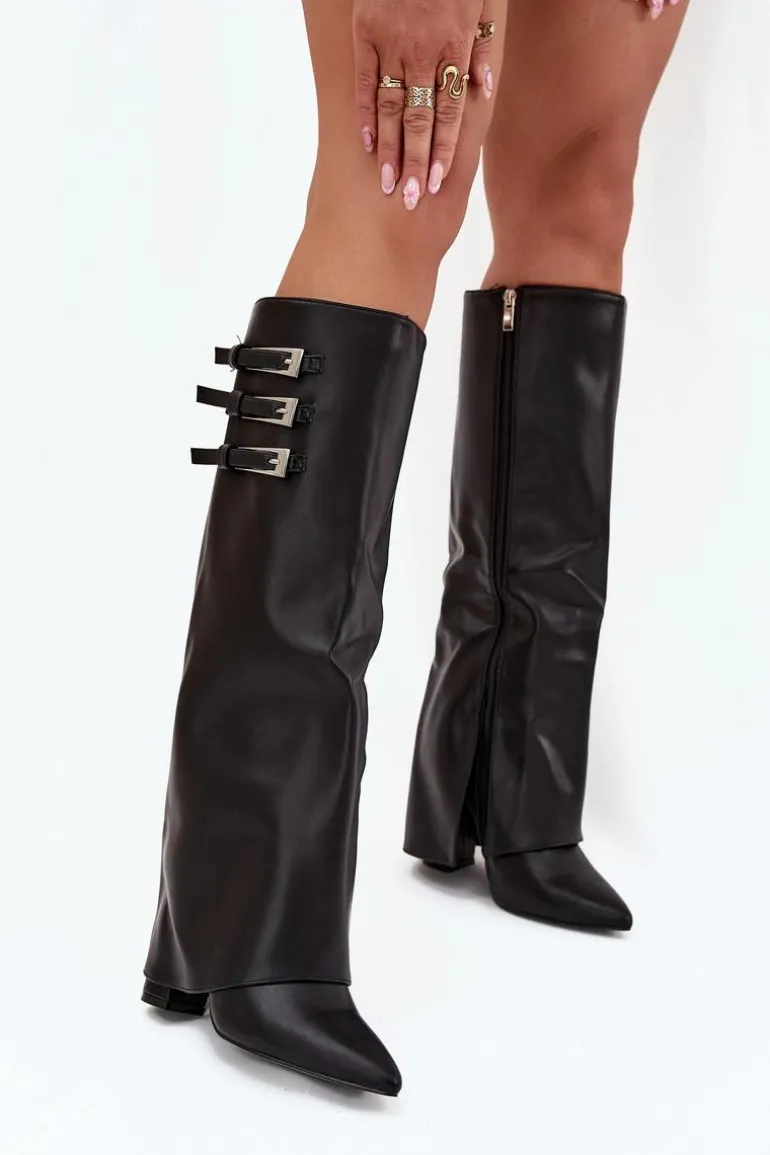 Kozaki Damskie Na Słupku Wywinięta Cholewka Paski Z Klamrami Czarne Nirisa