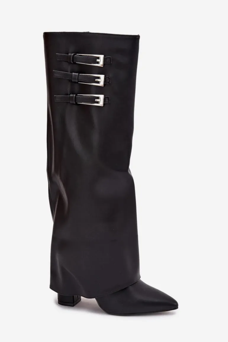 Kozaki Damskie Na Słupku Wywinięta Cholewka Paski Z Klamrami Czarne Nirisa