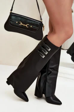 Kozaki Damskie Na Słupku Wywinięta Cholewka Paski Z Klamrami Czarne Nirisa