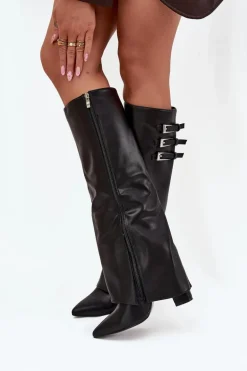 Kozaki Damskie Na Słupku Wywinięta Cholewka Paski Z Klamrami Czarne Nirisa