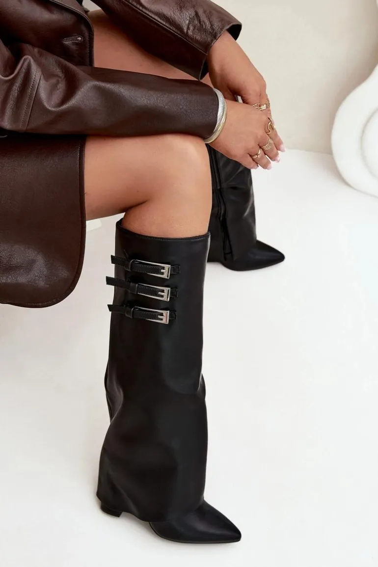 Kozaki Damskie Na Słupku Wywinięta Cholewka Paski Z Klamrami Czarne Nirisa