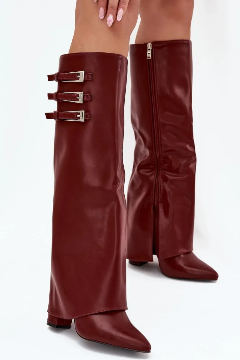 Kozaki Damskie Na Słupku Wywinięta Cholewka Paski Z Klamrami Bordowe Nirisa