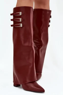 Kozaki Damskie Na Słupku Wywinięta Cholewka Paski Z Klamrami Bordowe Nirisa