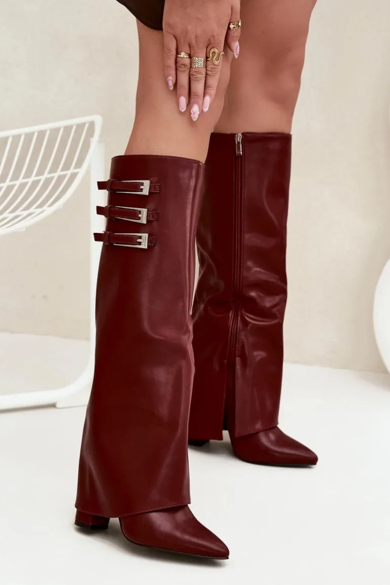 Kozaki Damskie Na Słupku Wywinięta Cholewka Paski Z Klamrami Bordowe Nirisa