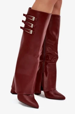 Kozaki Damskie Na Słupku Wywinięta Cholewka Paski Z Klamrami Bordowe Nirisa