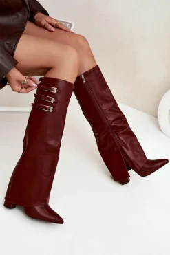 Kozaki Damskie Na Słupku Wywinięta Cholewka Paski Z Klamrami Bordowe Nirisa