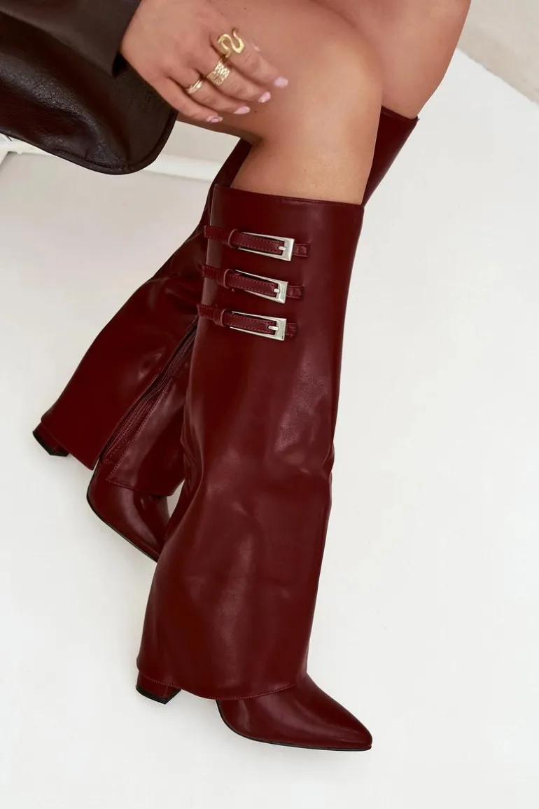 Kozaki Damskie Na Słupku Wywinięta Cholewka Paski Z Klamrami Bordowe Nirisa