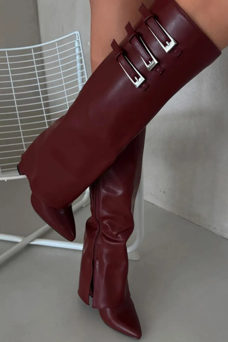 Kozaki Damskie Na Słupku Wywinięta Cholewka Paski Z Klamrami Bordowe Nirisa