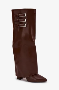 Kozaki Damskie Na Słupku Wywinięta Cholewka Paski Z Klamrami Czekoladowe Nirisa