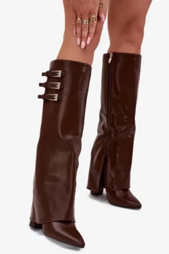 Kozaki Damskie Na Słupku Wywinięta Cholewka Paski Z Klamrami Czekoladowe Nirisa