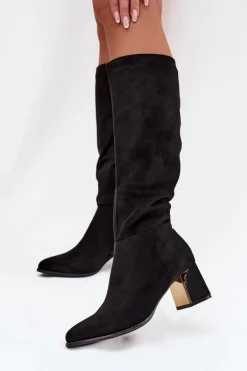 Kozaki Damskie Na Słupku Ze Złotym Elementem Czarne Nivarae