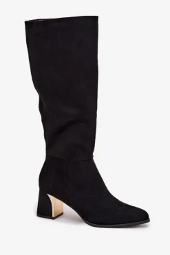 Kozaki Damskie Na Słupku Ze Złotym Elementem Czarne Nivarae