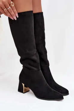 Kozaki Damskie Na Słupku Ze Złotym Elementem Czarne Nivarae