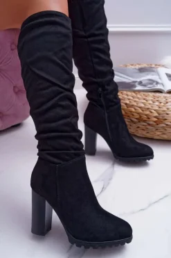 Kozaki Damskie Na Słupku Zamszowe Czarne Marion