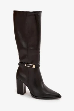 Kozaki Damskie Na Słupku Z Klamrą Ocieplane Czarne Cirella