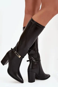 Kozaki Damskie Na Słupku Z Klamrą Ocieplane Czarne Cirella