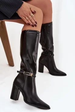 Kozaki Damskie Na Słupku Z Klamrą Ocieplane Czarne Cirella