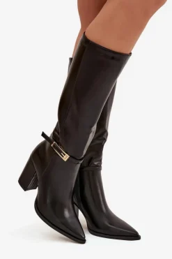 Kozaki Damskie Na Słupku Z Klamrą Ocieplane Czarne Cirella