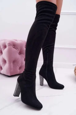 Kozaki Damskie Na Słupku Zamszowe Czarne Rabios