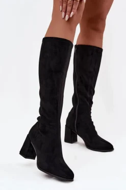 Kozaki Damskie Na Słupku Z Eko Zamszu Czarne Yelisse