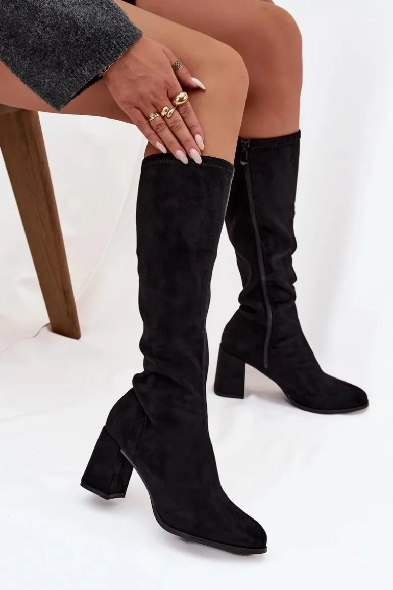 Kozaki Damskie Na Słupku Z Eko Zamszu Czarne Yelisse