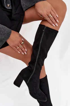 Kozaki Damskie Na Słupku Z Eko Zamszu Czarne Yelisse