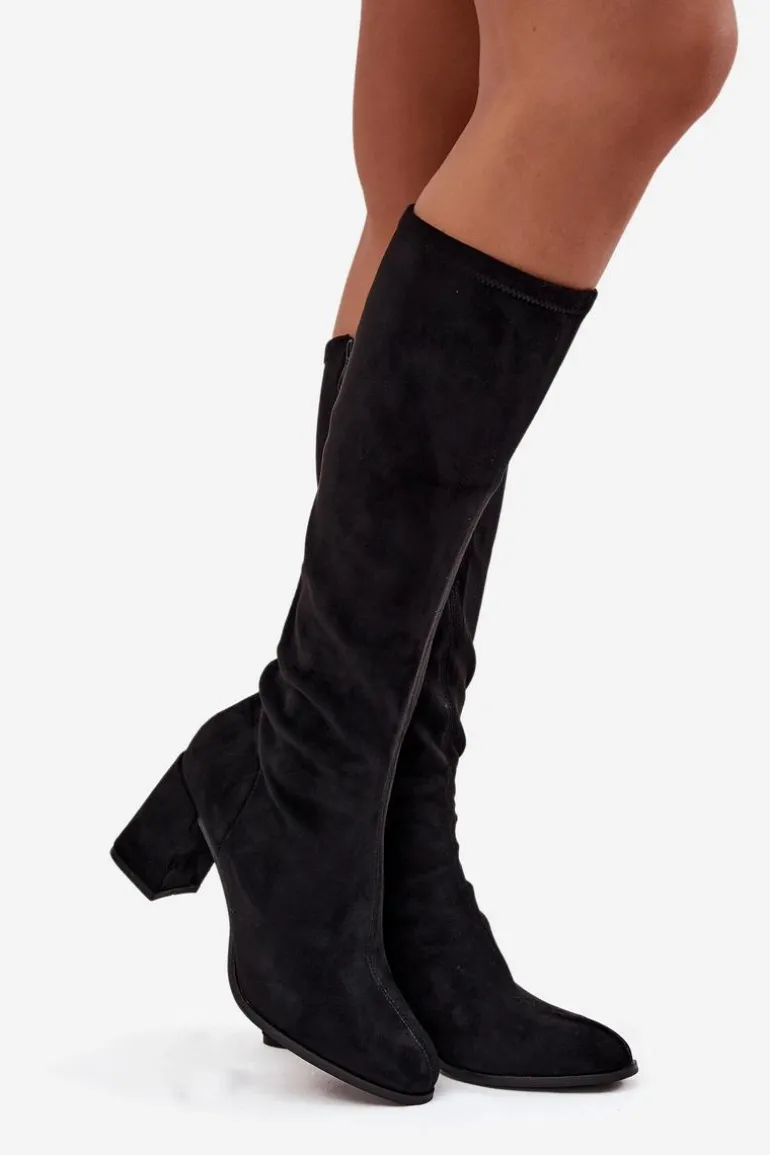 Kozaki Damskie Na Słupku Z Eko Zamszu Czarne Yelisse