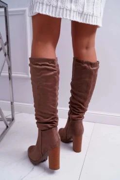 Kozaki Damskie Na Słupku Zamszowe Khaki Marion