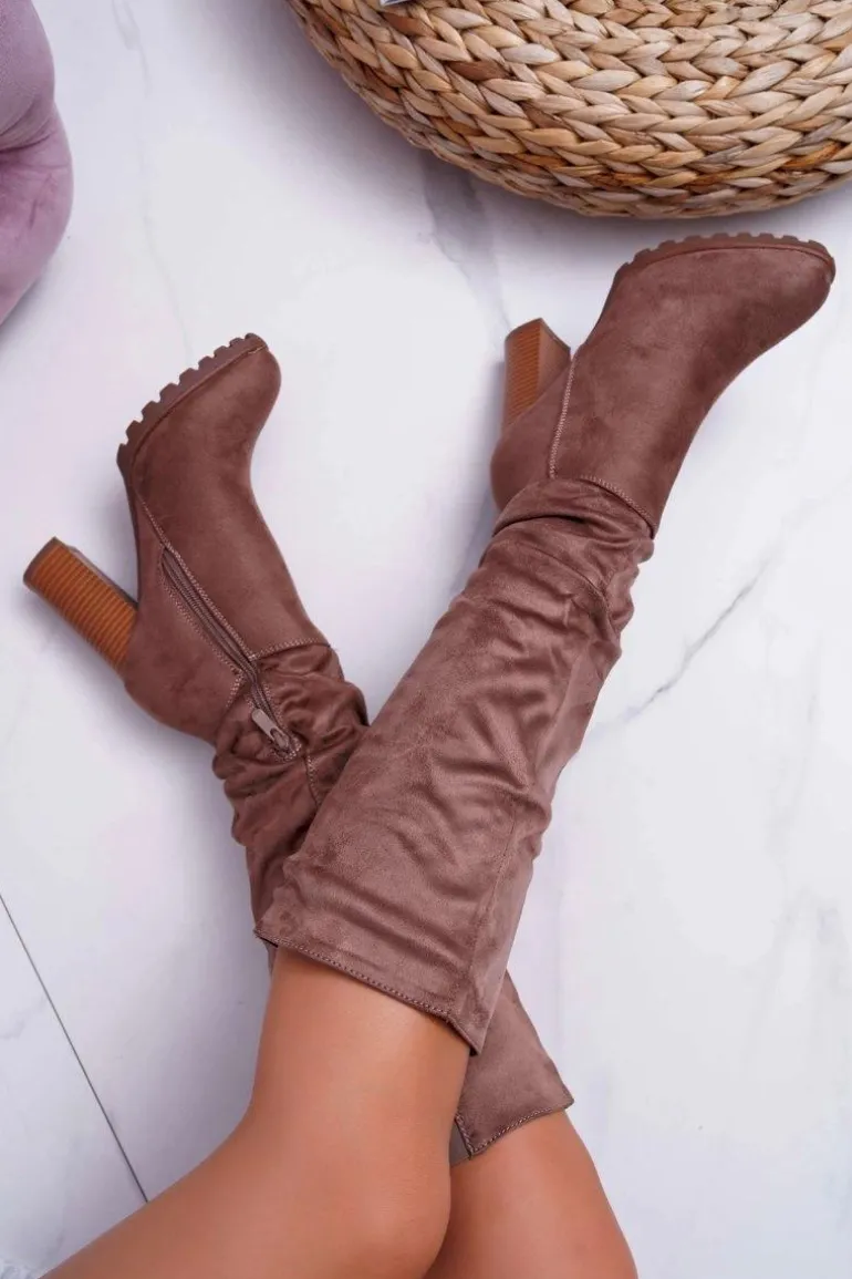 Kozaki Damskie Na Słupku Zamszowe Khaki Marion