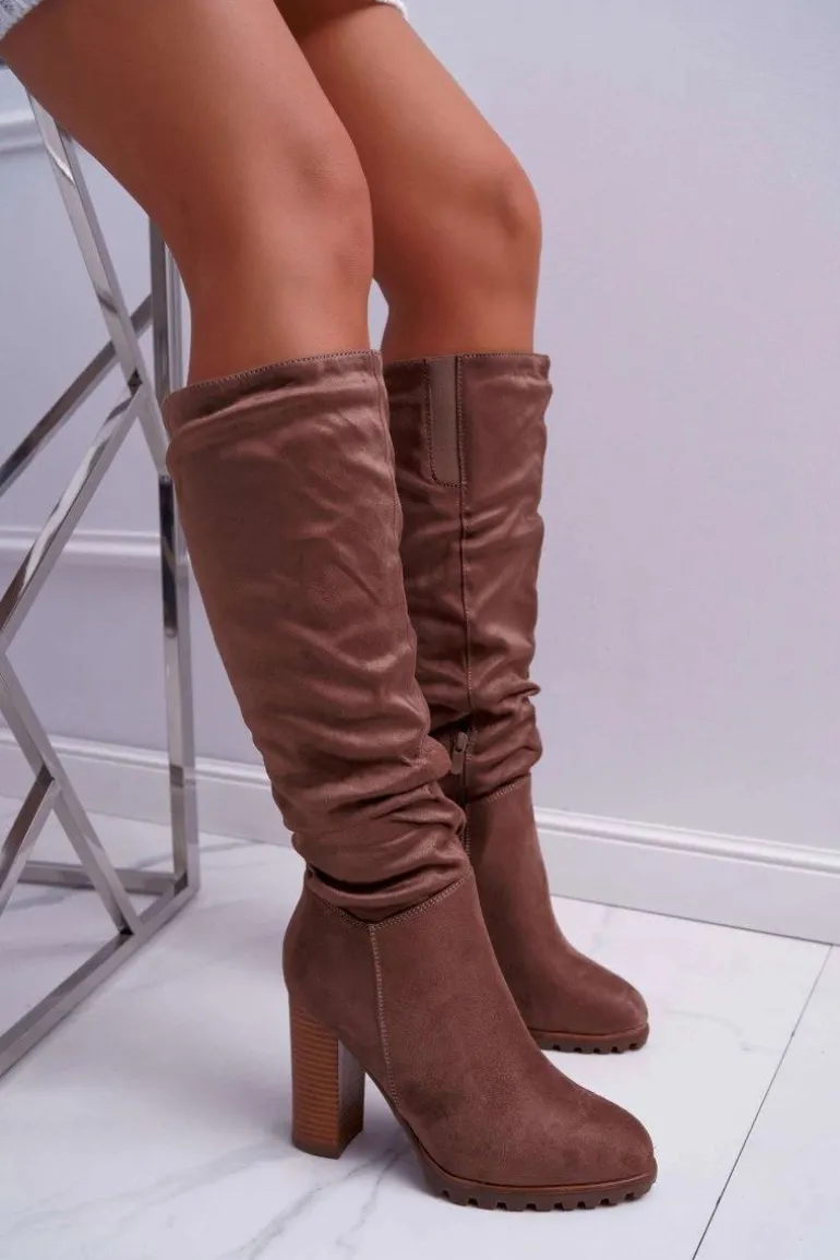 Kozaki Damskie Na Słupku Zamszowe Khaki Marion