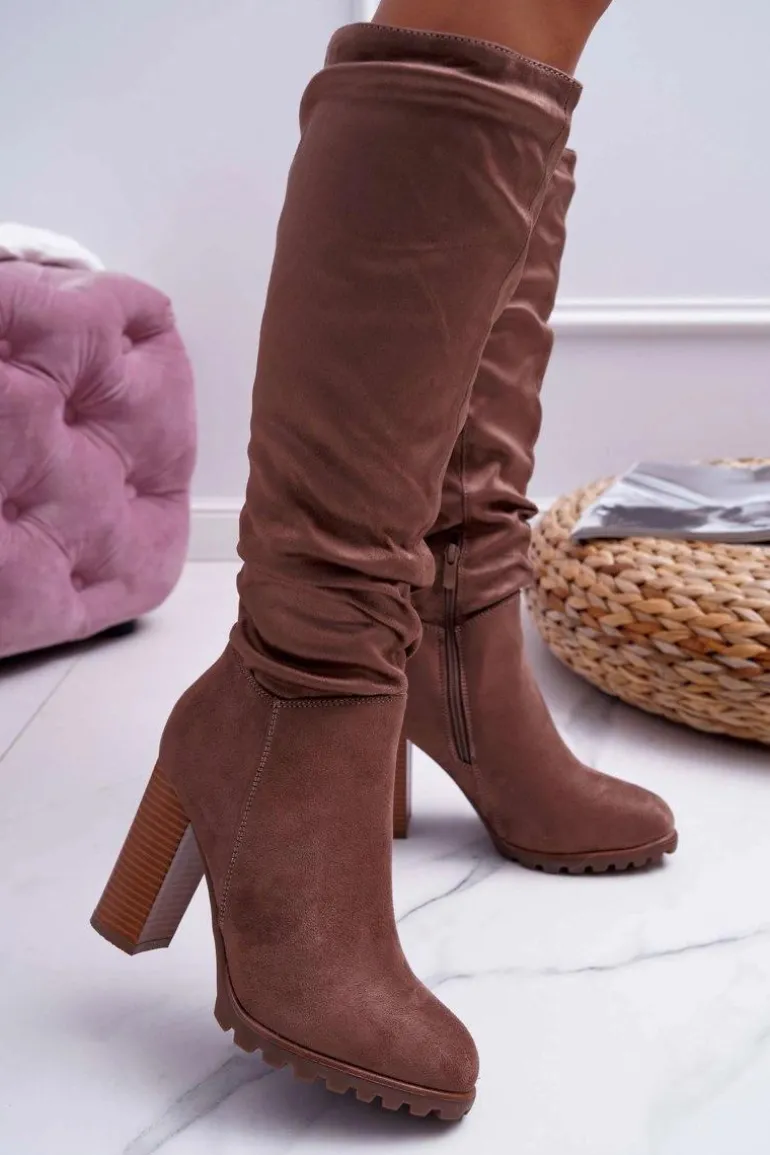 Kozaki Damskie Na Słupku Zamszowe Khaki Marion