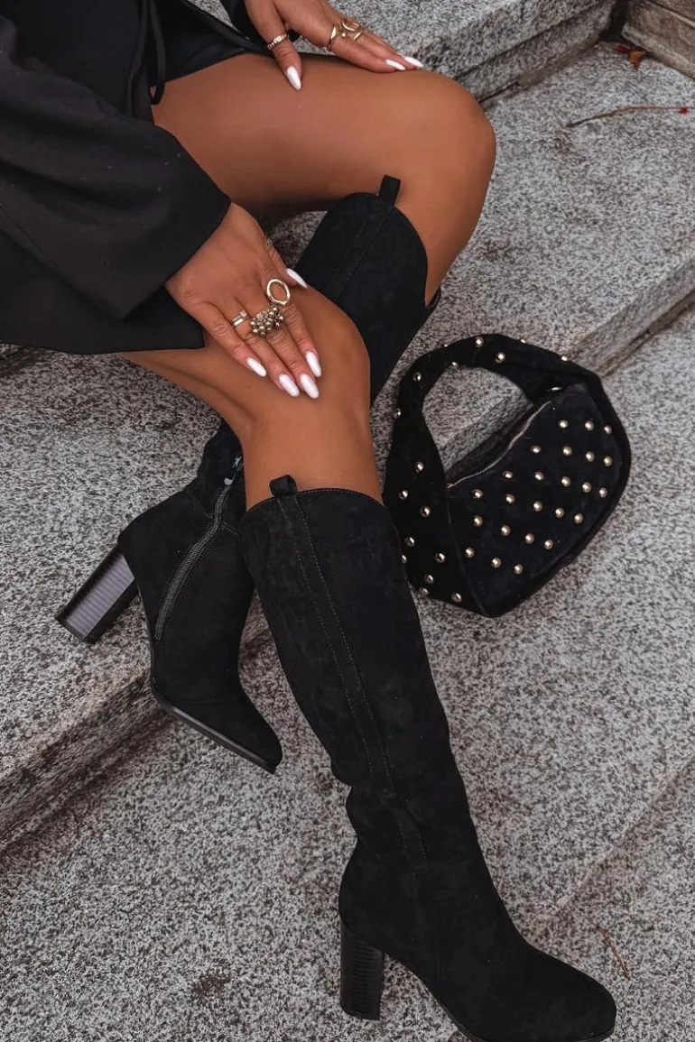 Kozaki Damskie Na Słupku Z Eko Zamszu Czarne Prisca