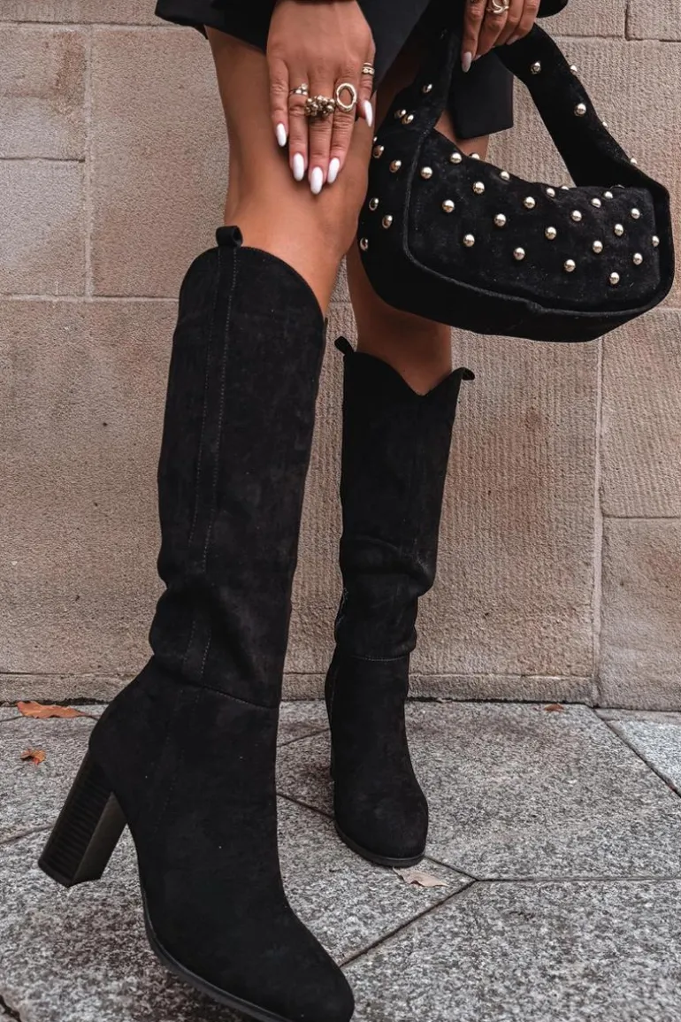 Kozaki Damskie Na Słupku Z Eko Zamszu Czarne Prisca