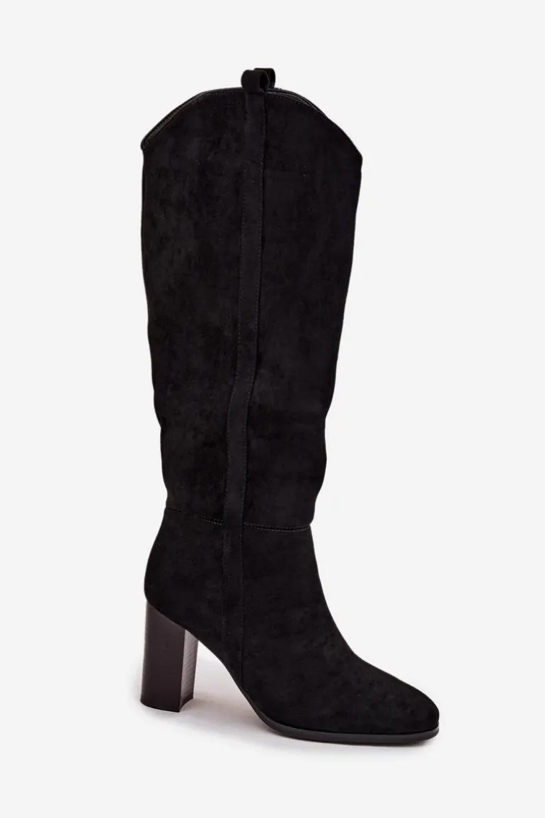 Kozaki Damskie Na Słupku Z Eko Zamszu Czarne Prisca