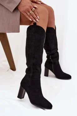 Kozaki Damskie Na Słupku Z Eko Zamszu Czarne Prisca