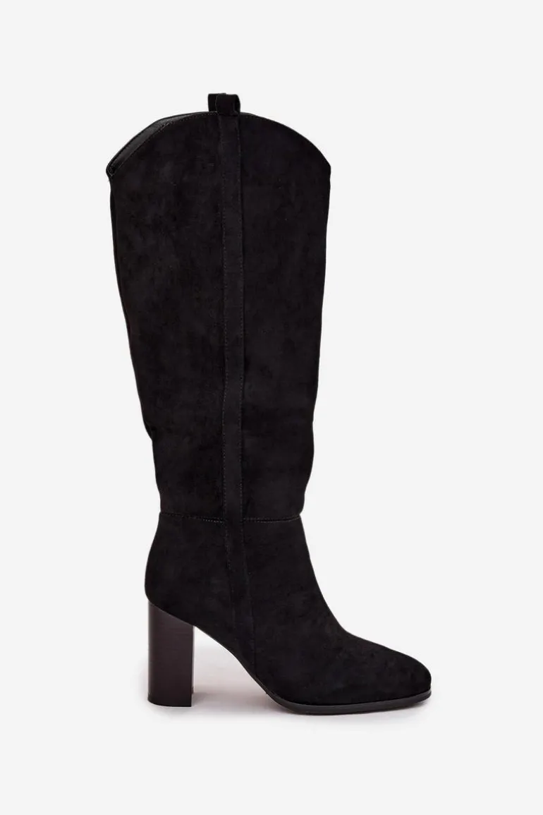 Kozaki Damskie Na Słupku Z Eko Zamszu Czarne Prisca